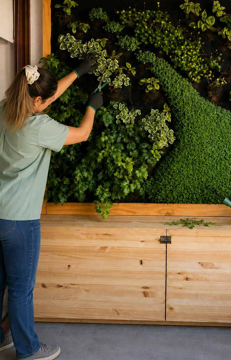 Instalación de jardín vertical en muro de madera